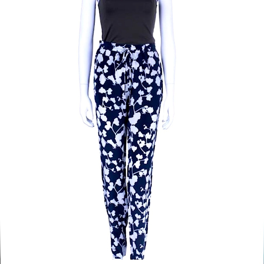 Diane‎ Von Furstenberg Benett Orchid Navy Blue and White Floral 100% Silk Pants